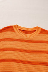 Orange Stripe Colorblock Crew Neck Drop Shoulder Loose Sweater Sweaters JT's Designer Fashion