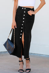 Black Button Fly Side Split High Waist Denim Midi Skirt Skirts & Petticoat JT's Designer Fashion