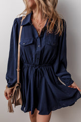 Navy Blue Solid Chest Pockets Tunic Shirt Mini Dress Mini Dresses JT's Designer Fashion
