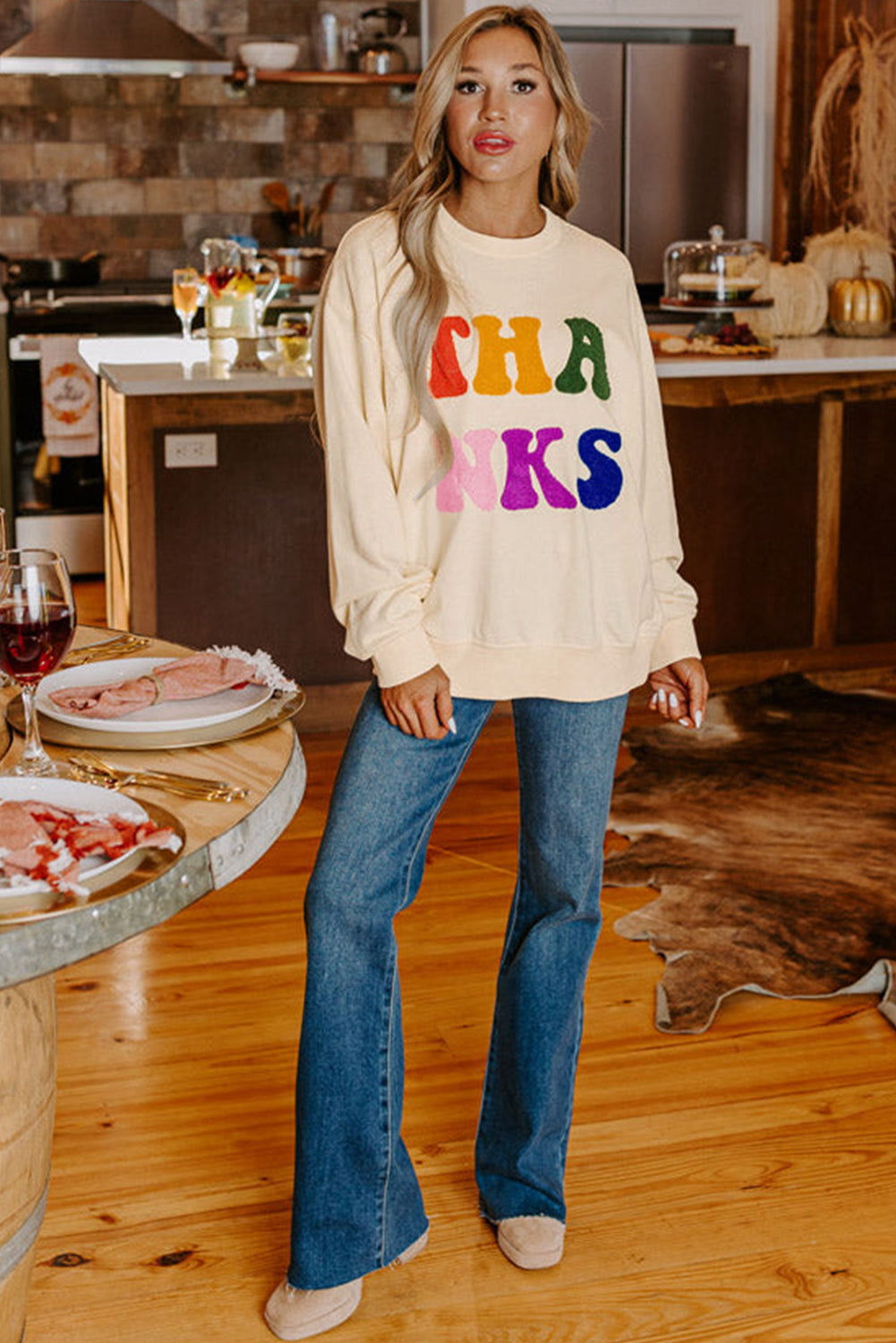 Apricot THANKS Chenille Embroidered Drop Shoulder Graphic Sweatshirt Sweatshirts & Hoodies JT's Designer Fashion