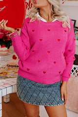 Rose Red Heart Shape Drop Shoulder Round Neck Sweater Sweaters JT's Designer Fashion