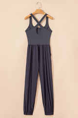 Carbon Grey Back Crossed Straps Hollow Out Jogger Jumpsuit Jumpsuits & Rompers JT's Designer Fashion