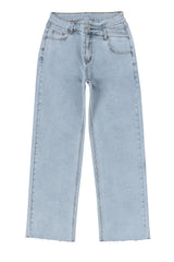 Sky Blue Mid Rise Asymmetrical Waist Wide Leg Jeans Jeans JT's Designer Fashion