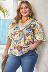 Boho Bloom Plus Size Floral Blouse – Vibrant V-Neck Tunic Top with Puff Sleeves Plus Size Blouses & Shirts JT's Designer Fashion