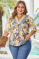 Boho Bloom Plus Size Floral Blouse – Vibrant V-Neck Tunic Top with Puff Sleeves Plus Size Blouses & Shirts JT's Designer Fashion