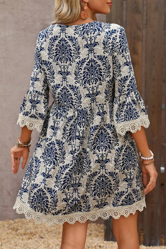 Sky Blue Vintage Printed Lace Trim V Neck 3/4 Sleeve Loose Dress Mini Dresses JT's Designer Fashion
