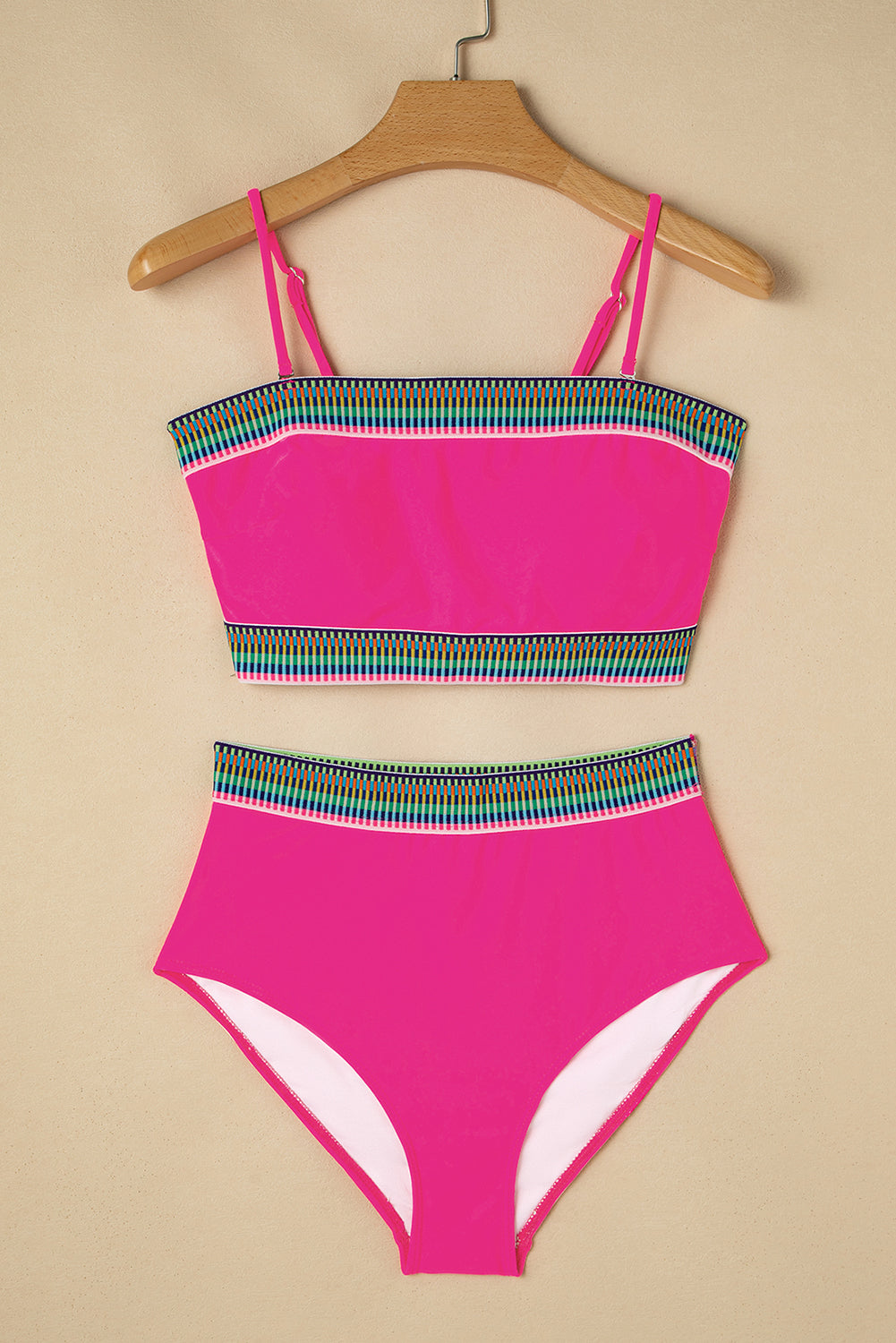 Rose Red Contrast Banding Tube Bikini High Waist 2pcs Swimsuit High Waisted Swimsuit JT's Designer Fashion