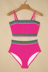 Rose Red Contrast Banding Tube Bikini High Waist 2pcs Swimsuit High Waisted Swimsuit JT's Designer Fashion