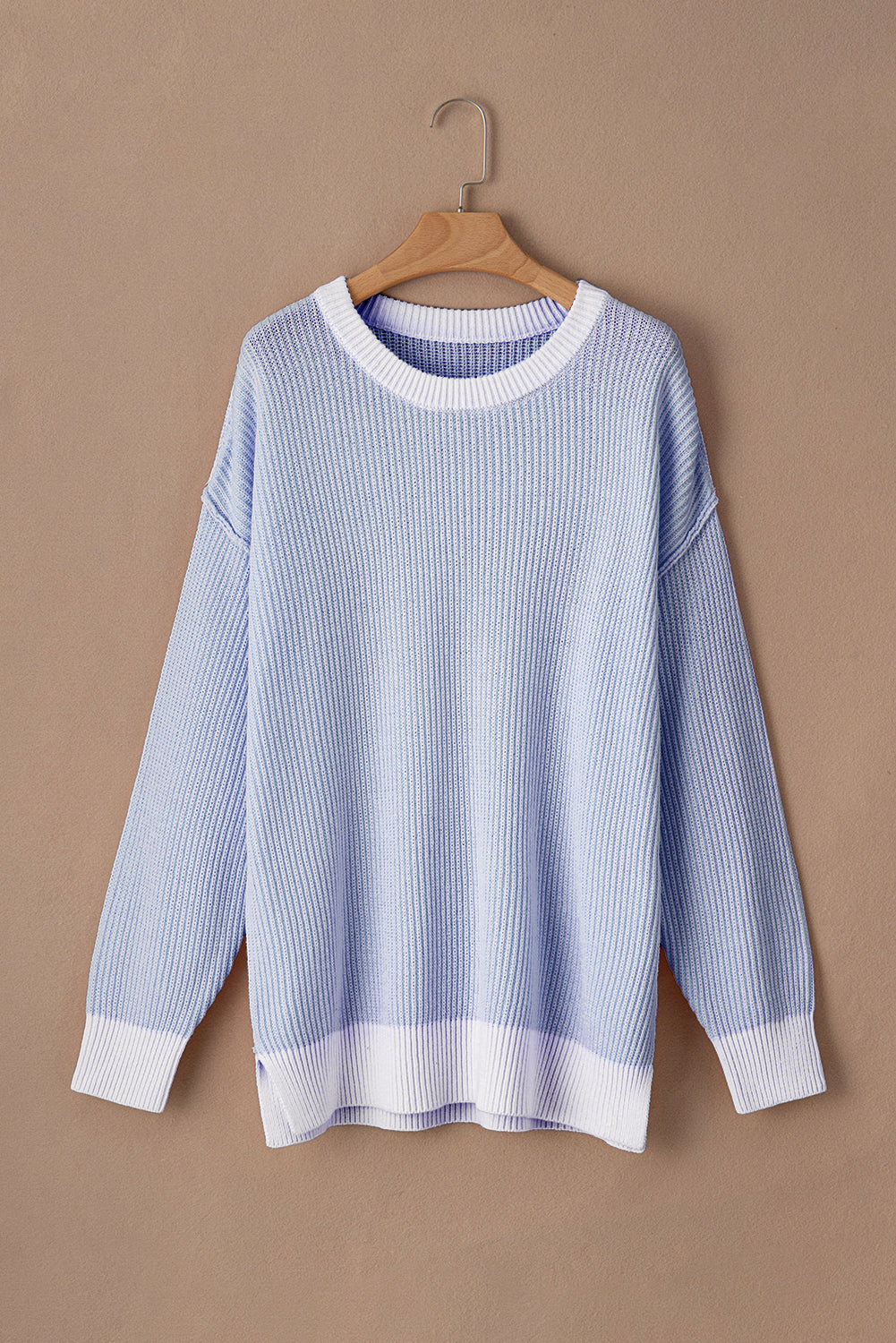 Blue Stripe Plus Size Contrast Trim Crew Neck Rib Knit Drop Shoulder Sweater Plus Size Sweaters & Cardigans JT's Designer Fashion