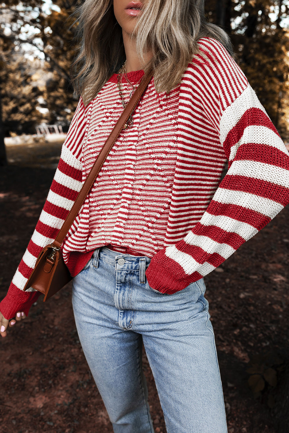 Red Stripe Geometric Textured Drop Shoulder Sweater Sweaters JT's Designer Fashion
