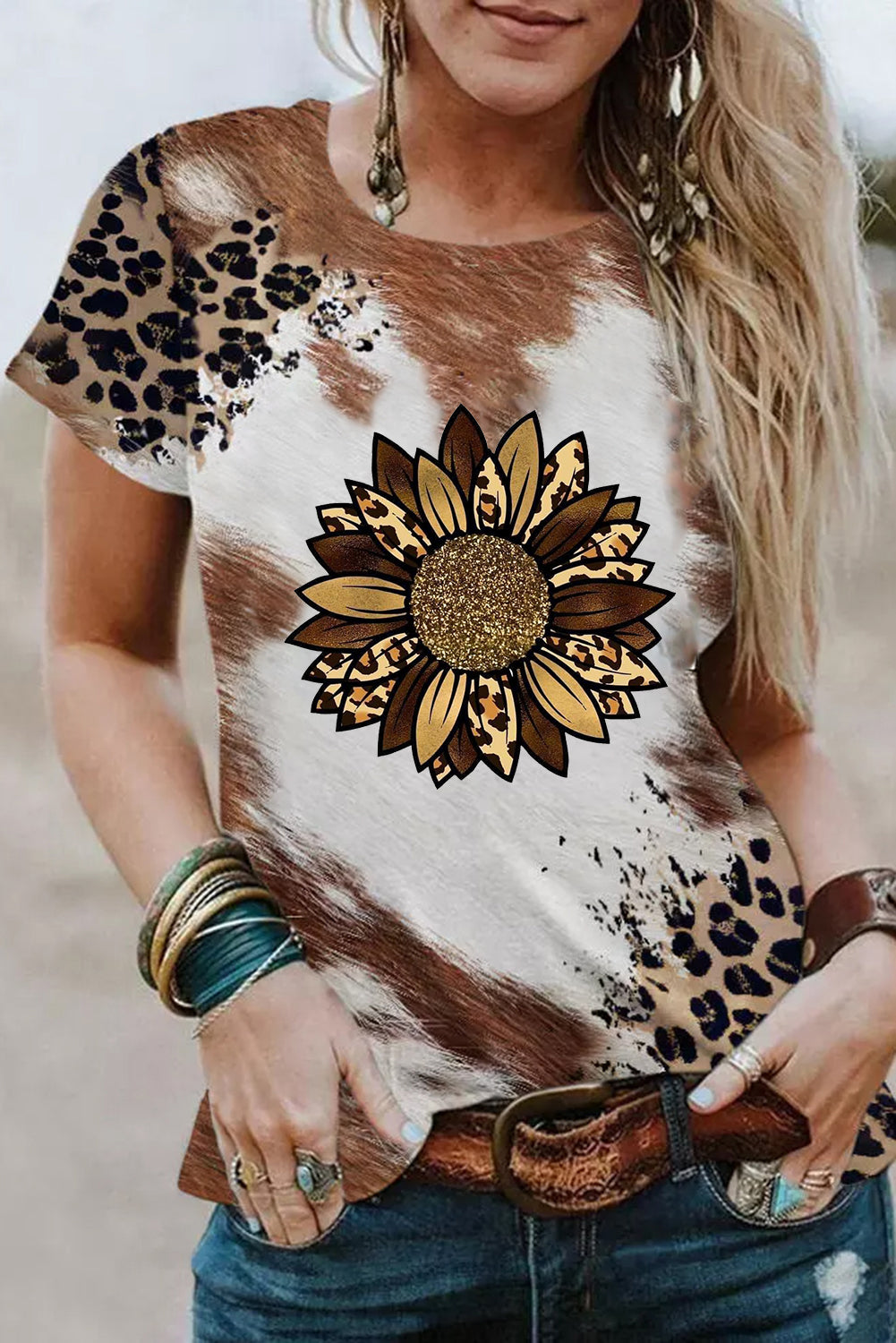 Chestnut Leopard Bleached Sunflower Graphic Crewneck T Shirt Graphic Tees JT's Designer Fashion