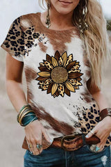 Chestnut Leopard Bleached Sunflower Graphic Crewneck T Shirt Graphic Tees JT's Designer Fashion
