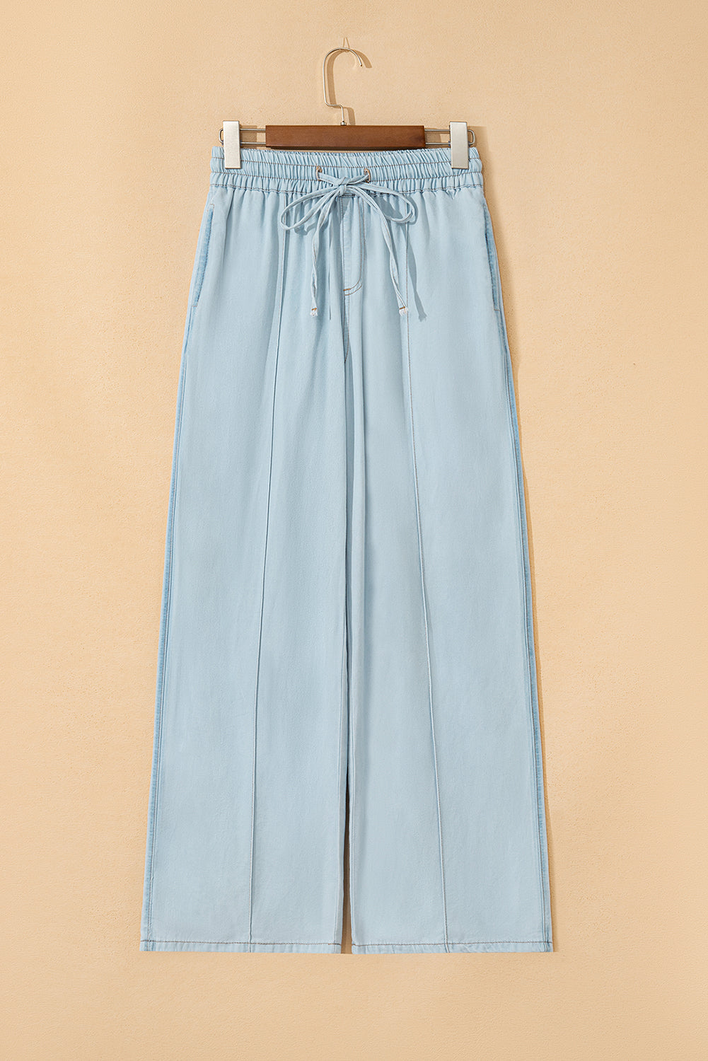 Beau Blue Light Wash Contrast Trim Center Seam Drawstring Elastic Waistband Wide Leg Denim Pants Jeans JT's Designer Fashion