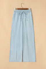 Beau Blue Light Wash Contrast Trim Center Seam Drawstring Elastic Waistband Wide Leg Denim Pants Jeans JT's Designer Fashion