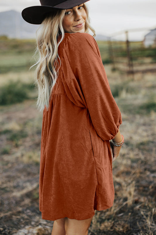 Gold Flame Corduroy Snap Buttons Empire Waist Bracelet Sleeve Dress Mini Dresses JT's Designer Fashion