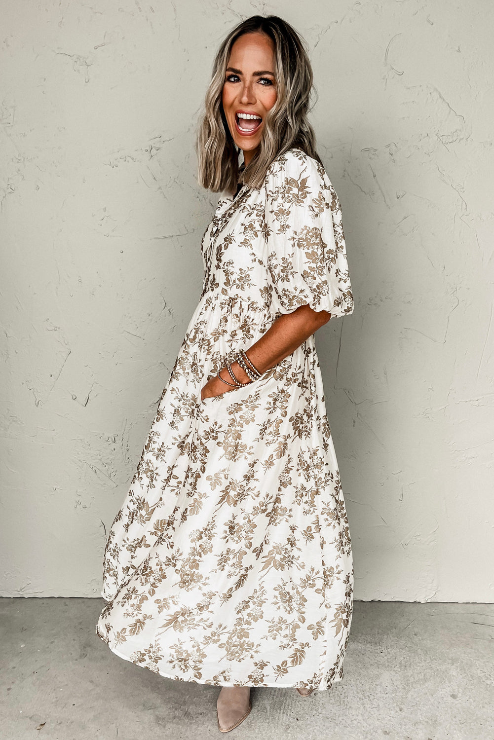 Khaki Floral Puff Sleeve V Neck Buttoned Front Long Dress Maxi Dresses JT's Designer Fashion