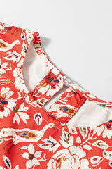 Red Colorful Floral Patchwork Long Sleeve Pleated Mini Dress Floral Dresses JT's Designer Fashion