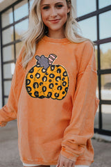 Orange Halloween Leopard Pumpkin Patchwork Ribbed Sweatshirt Graphic Sweatshirts JT's Designer Fashion