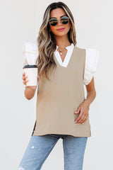 Pale Khaki Contrast V Neck Ruffled Textured Knit Top Blouses & Shirts JT's Designer Fashion