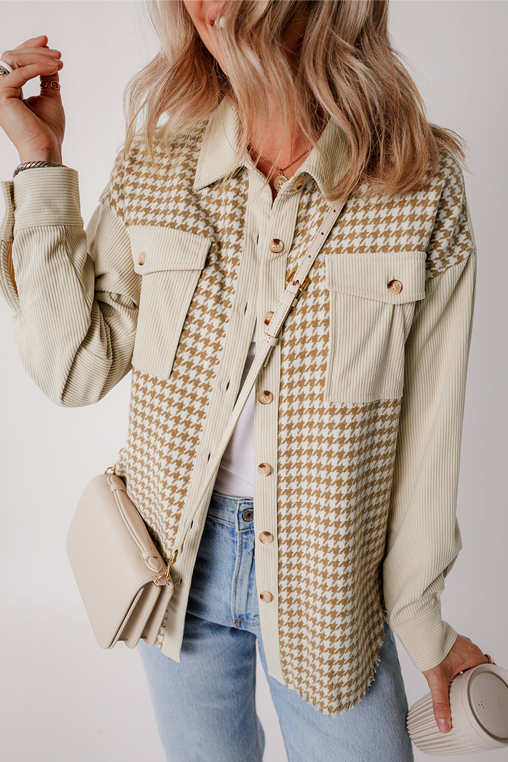 Parchment Houndstooth Corduroy Patchwork Flap Pocket Shacket Jackets JT's Designer Fashion