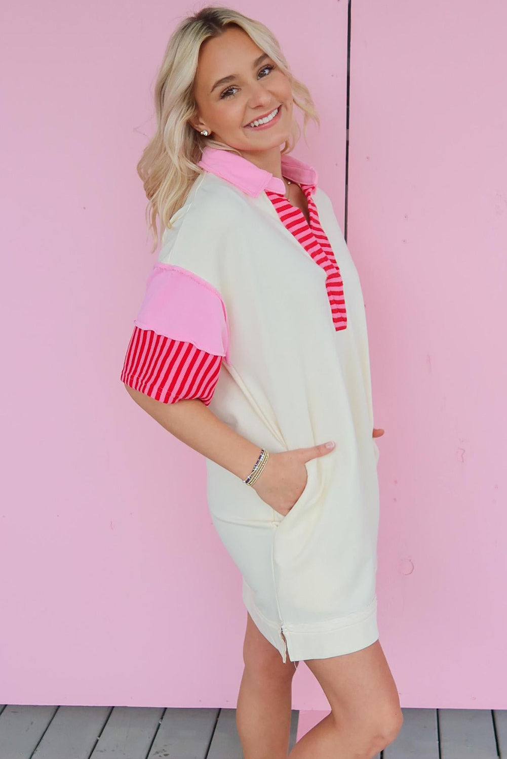 White Stripe Colorblock Short Sleeve Collared Mini Dress Dresses JT's Designer Fashion