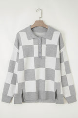 Gray Plus Size Checkered Pattern Button Polo Collar Split Sweater Plus Size Sweaters & Cardigans JT's Designer Fashion