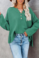 Green Henley Pullover Drop Shoulder Sweater with Slits Sweaters JT's Designer Fashion
