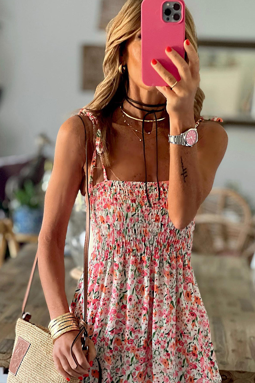 White Boho Floral Smocked Ruffled Long Dress Maxi Dresses JT's Designer Fashion