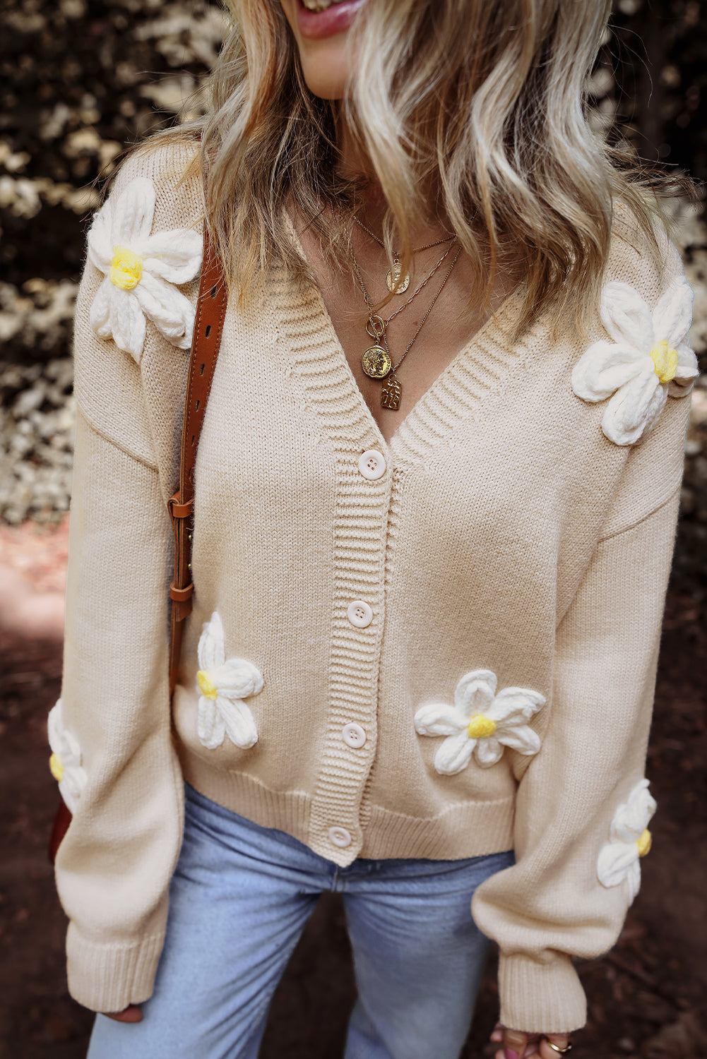 Parchment Elegant Flower Decor Button Front Cardigan Parchment 60%Acrylic+40%Polyamide Cardigans JT's Designer Fashion