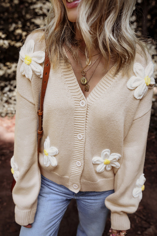 Parchment Elegant Flower Decor Button Front Cardigan Parchment 60%Acrylic+40%Polyamide Cardigans JT's Designer Fashion