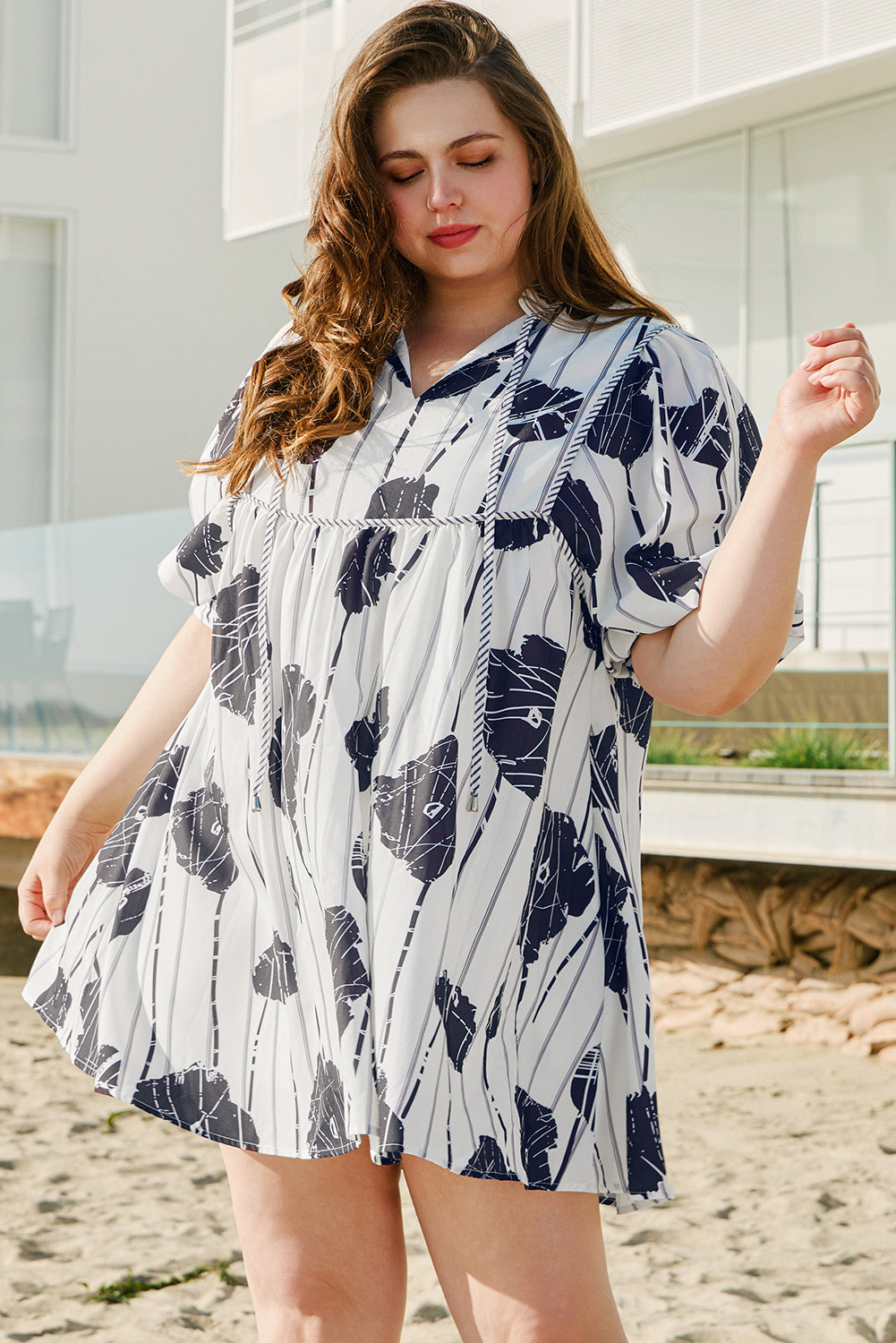 Black Plus Size Floral 3/4 Puff Sleeve Lace-up Neck Mini Dress Plus Size Mini Dresses JT's Designer Fashion