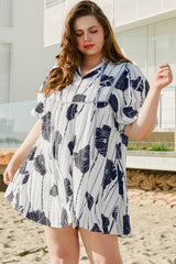 Black Plus Size Floral 3/4 Puff Sleeve Lace-up Neck Mini Dress Plus Size Mini Dresses JT's Designer Fashion