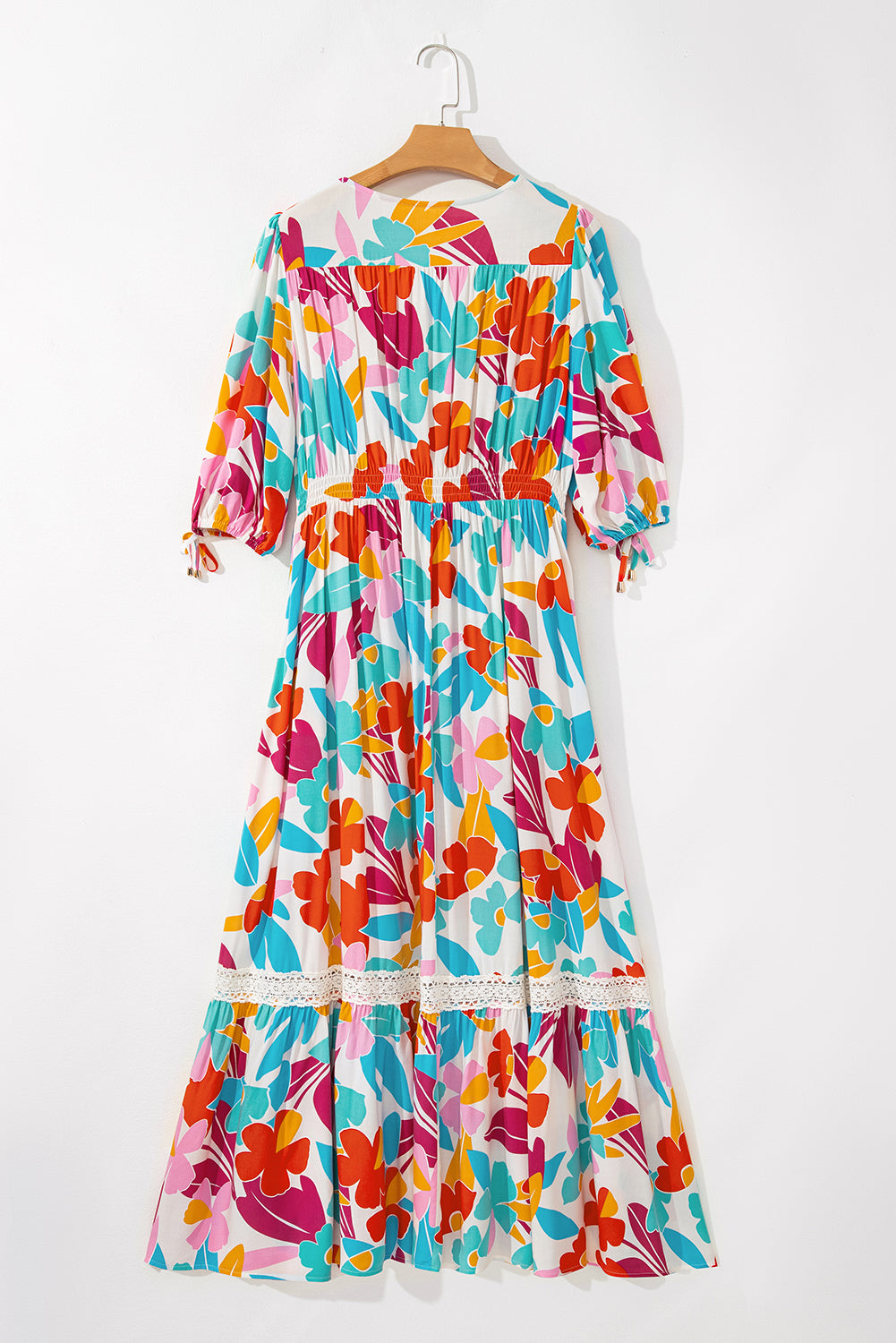 Rose Red Floral Knot Puff Sleeve V Neck Buttoned Front Split Lace Maxi Dress Floral Dresses JT's Designer Fashion