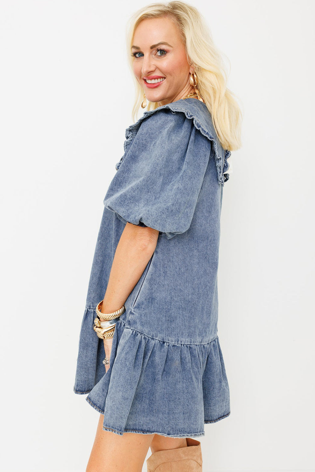 Dusk Blue Ruffled Collared Side Pockets Puff Sleeve Denim Mini Dress Mini Dresses JT's Designer Fashion