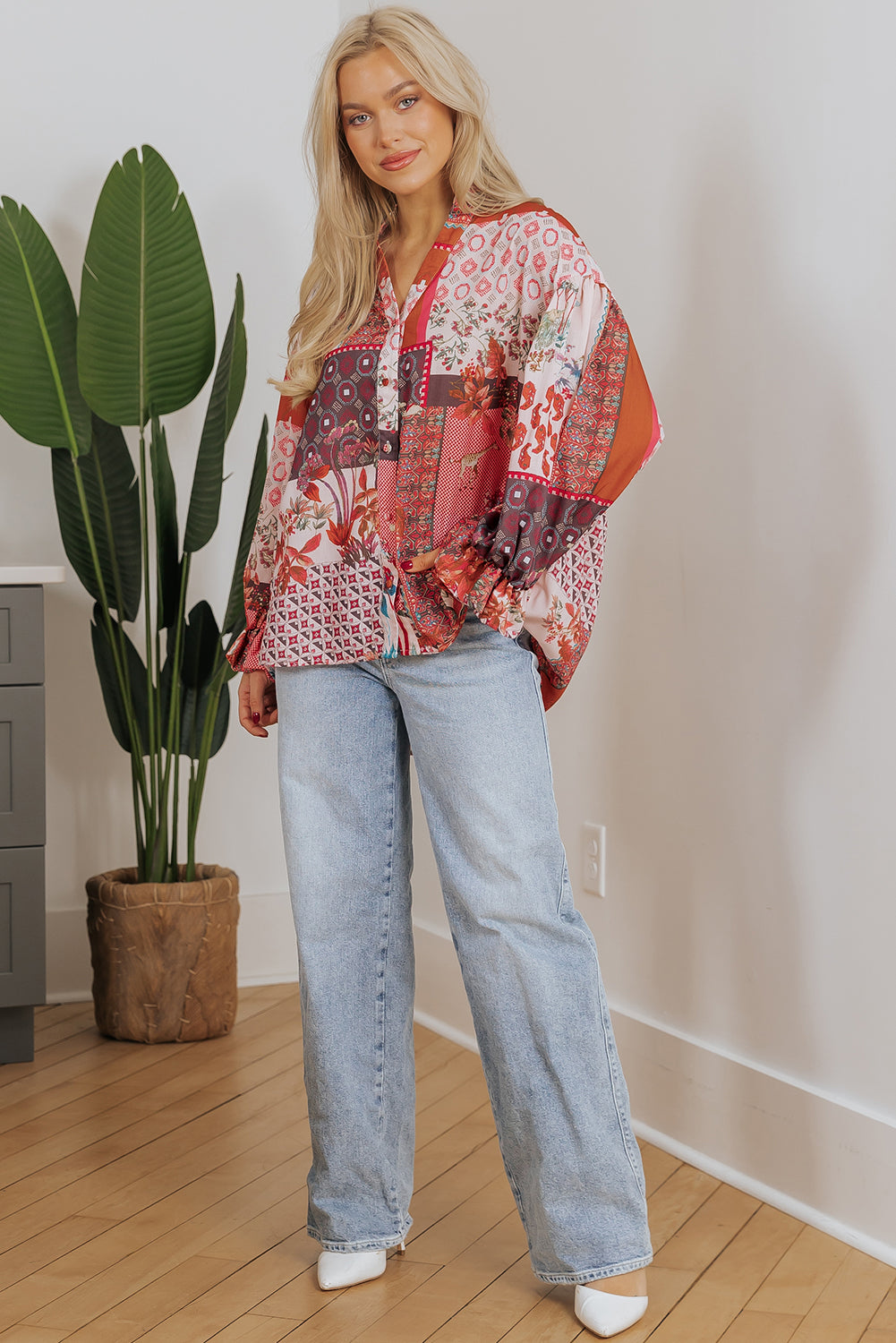 Red Boho Geometric Mixed Print Patchwork Bubble Sleeve Shirt Blouses & Shirts JT's Designer Fashion