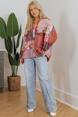 Red Boho Geometric Mixed Print Patchwork Bubble Sleeve Shirt Blouses & Shirts JT's Designer Fashion