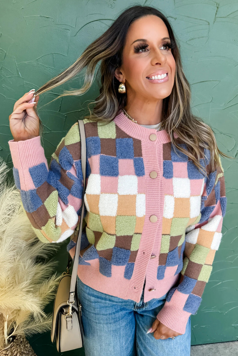 Multicolour Plush Checkered Pattern Button Front Cardigan Sweater Cardigans JT's Designer Fashion