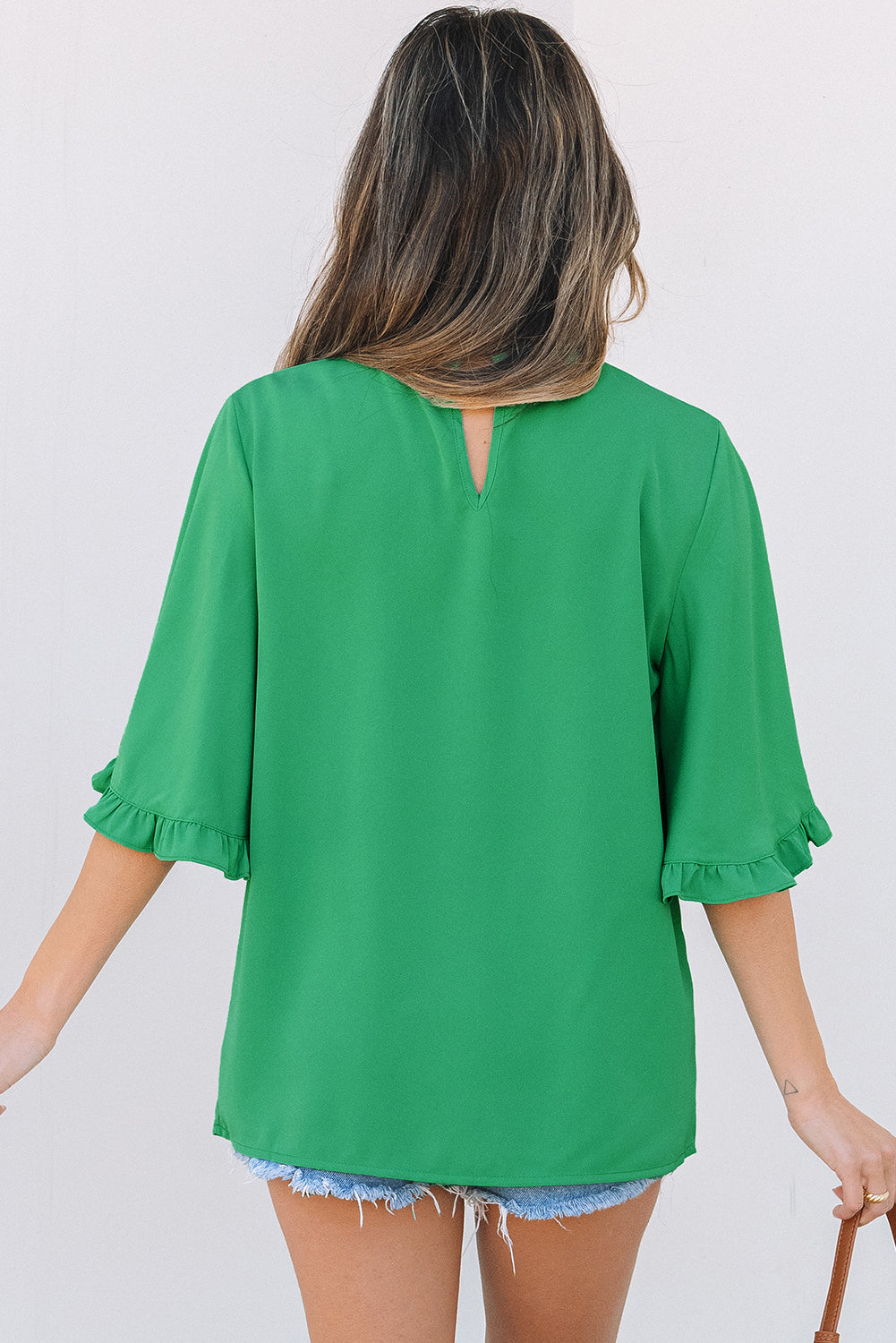 Green Frilly Round Neck Wide Half Sleeve Blouse Blouses & Shirts JT's Designer Fashion