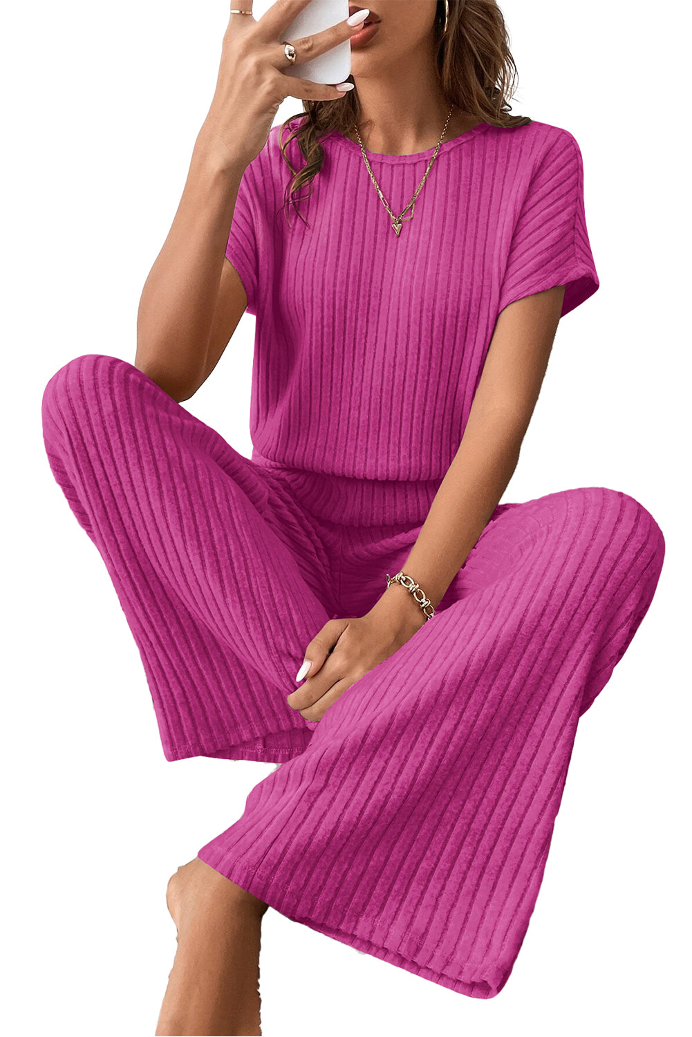 Rose Red Solid Color Ribbed Short Sleeve Wide Leg Jumpsuit Bottoms JT's Designer Fashion