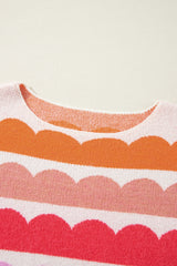 Rose Red Wave Striped Balloon Sleeve Drop Shoulder Sweater Sweaters JT's Designer Fashion