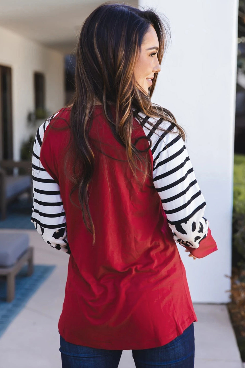 Red Striped Animal Print Colorblock Long Sleeve Top Long Sleeve Tops JT's Designer Fashion
