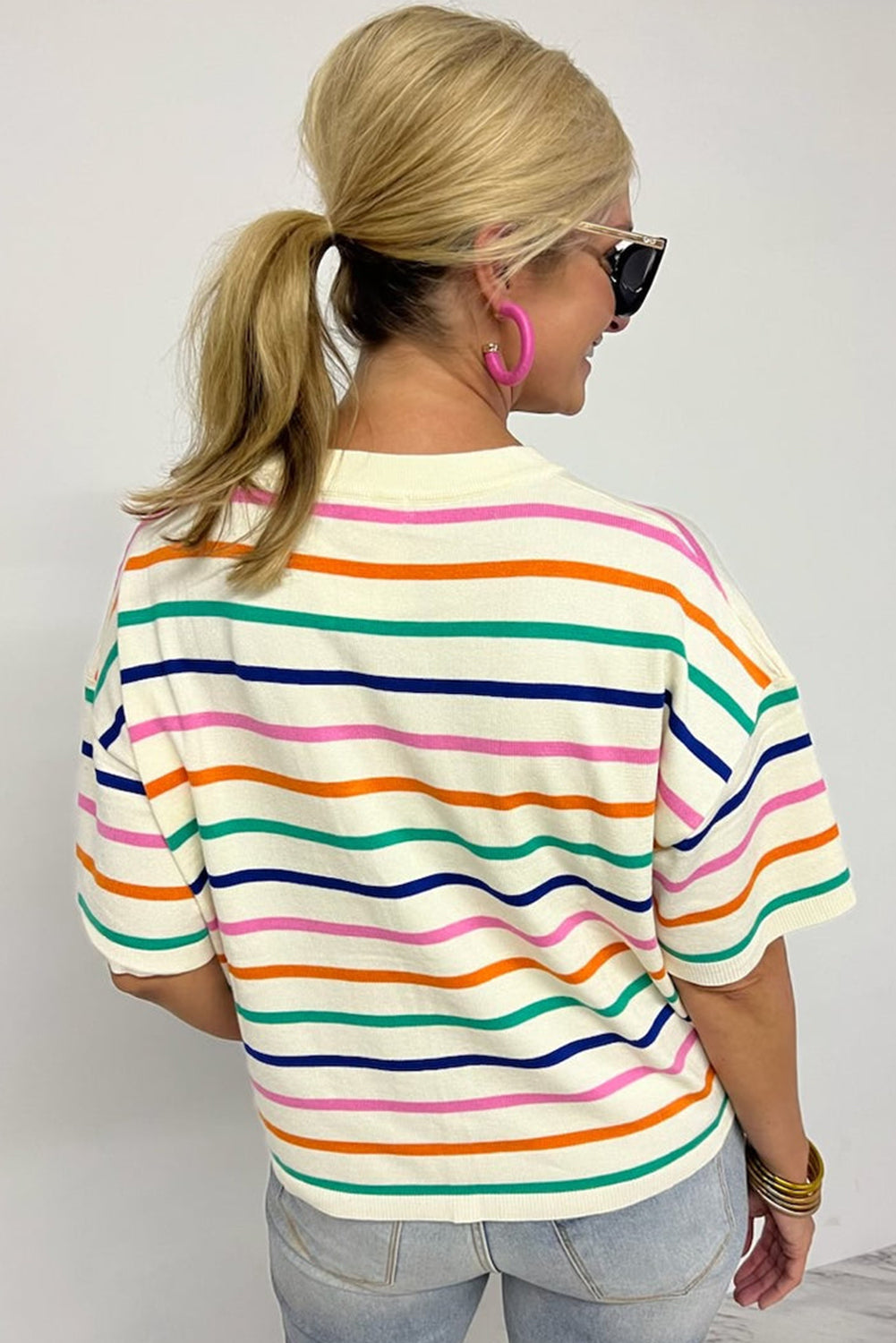 Beige Stripe Dropped Short Sleeve Boxy Fit Knitted Top Sweaters & Cardigans JT's Designer Fashion