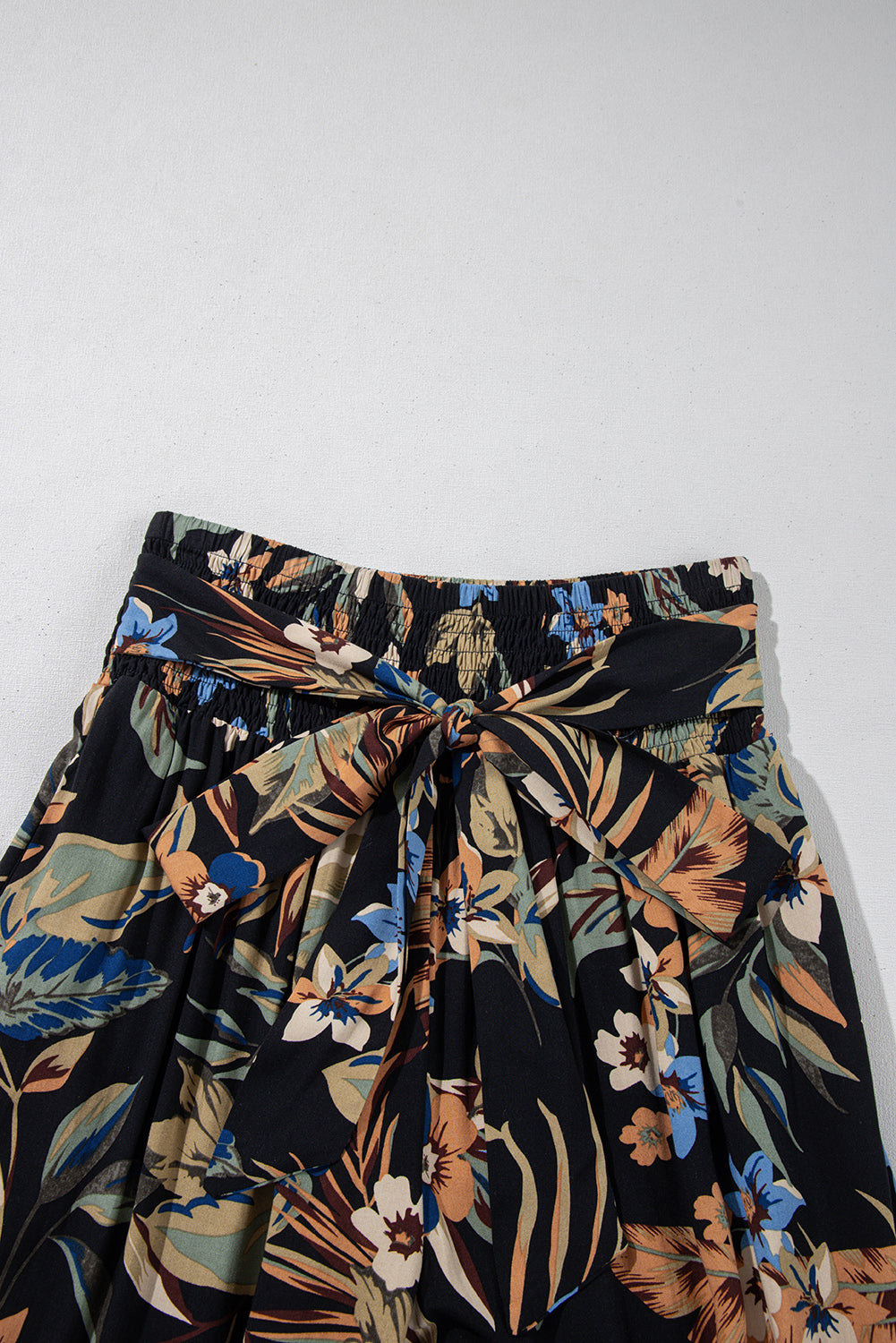Multicolour Floral Shirred High Waist Wide Leg Pants with Tie Pants & Culotte JT's Designer Fashion