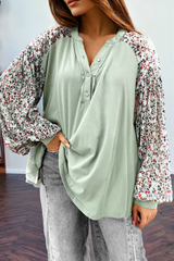 Meadow Mist Green Contrast Printed Bubble Sleeve Henley Loose Top with Slits Long Sleeve Tops JT's Designer Fashion