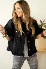 Black Raw Edge Ruffled Short Sleeve Denim Jacket Denim Jackets JT's Designer Fashion