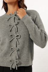 Philippine Gray Ribbed Knit Bow Front Buttoned Cardigan Cardigans JT's Designer Fashion