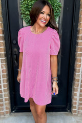 Bright Pink Corded Knit Crew Neck Puff Sleeve Shift Mini Dress T Shirt Dresses JT's Designer Fashion