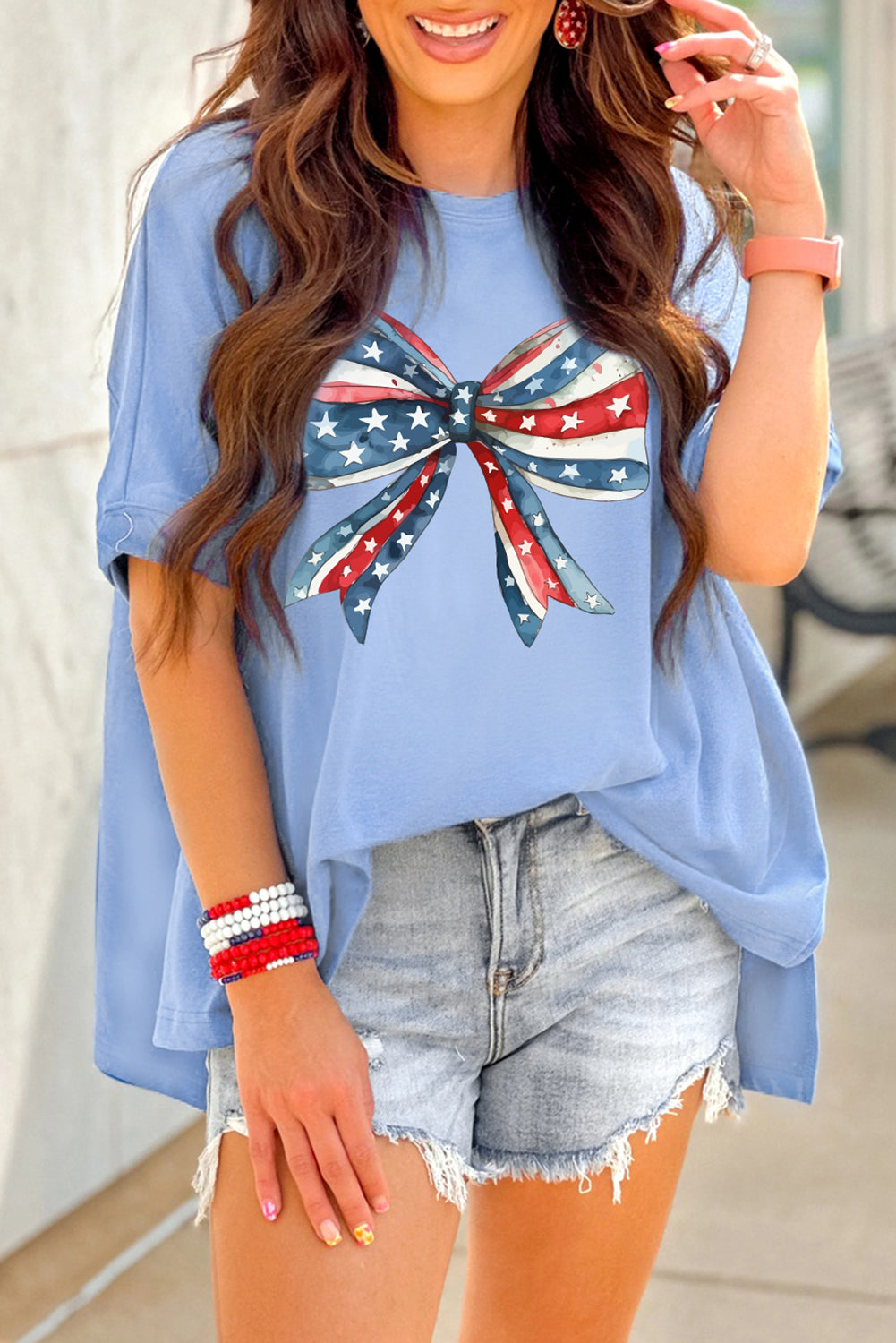 Myosotis July 4th Stars and Striped Bow Print Oversize Tee Graphic Tees JT's Designer Fashion