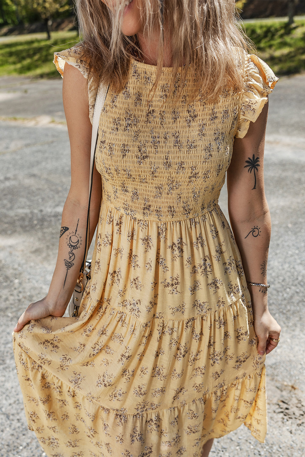 Yellow Boho Floral Print Ruffle Smocked Flowy Summer Dress Floral Dresses JT's Designer Fashion