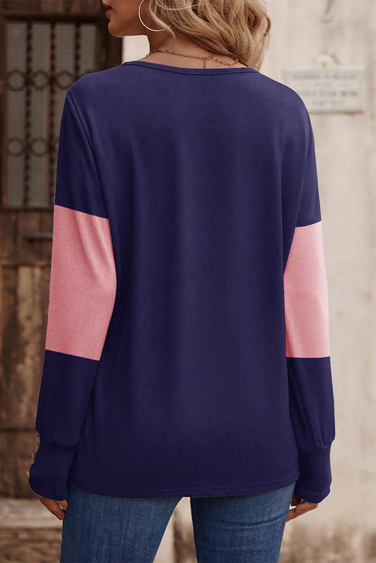 Blue Stripe Colorblock Button Decor Long Sleeve V Neck Top Long Sleeve Tops JT's Designer Fashion